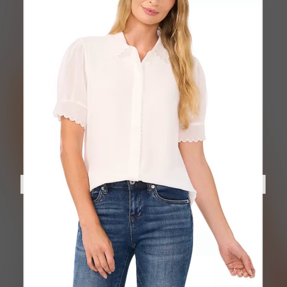 CeCe Women's Scalloped Puff-Sleeve Button-Front Blouse in New Ivory Size S